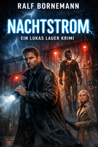 Buchcover Nachtstrom von Ralf Bornemann: Ein Lukas Lauer Krimi. Ein Mann mit Taschenlampe und eine Frau in einem düsteren Umspannwerk bei Gewitter.